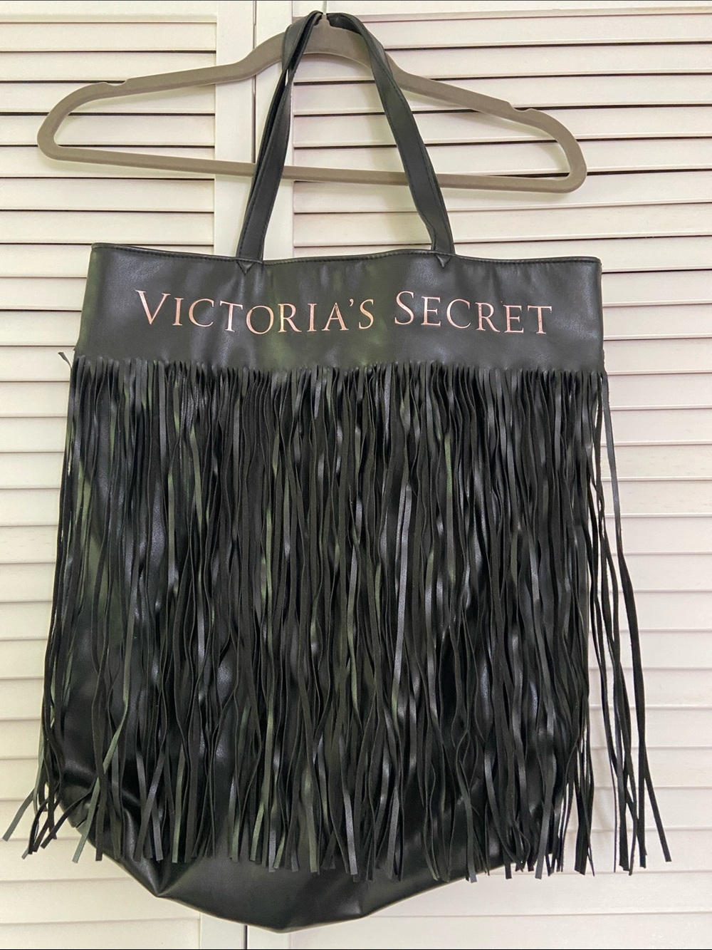Victoria's Secret Black Fringe Faux Leather Tote with Rose Gold Logo Edgy 15x17